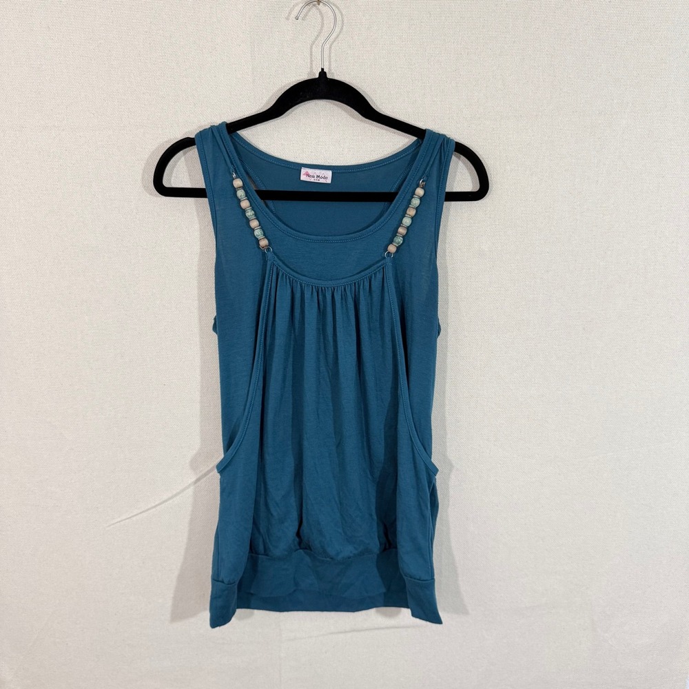 New Mode USA Womens Teal Blue Beaded Draped Pocket Tank Top Boho Racerback L